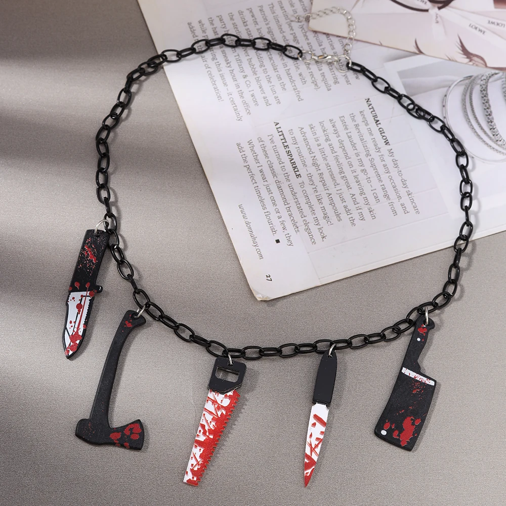 Aihua Punk Gothic Dark Bloody Knife Sword Ax Anhänger Halskette für Damen Herren Y2K Metall Choker Schlüsselbeinkette Halloween Schmuck – Detail 2