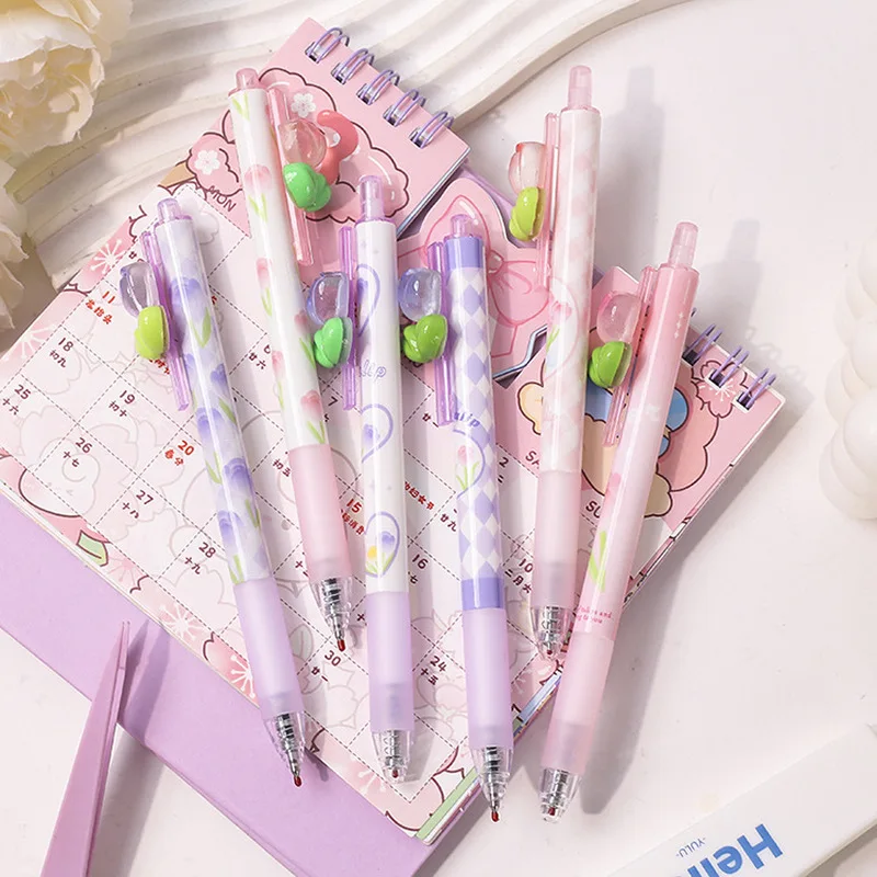 Imagem -04 - Kawaii Acrílico Tulipa Flor Gel Pen Caneta de Tinta Preta Material Escolar Escrita Escritório Papelaria Estudante Atacado 0.5 mm 36 Pcs por Caixa