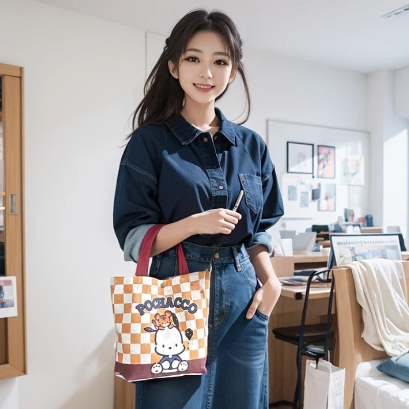 Hello Kitty Women Shoulder Tote Bags Sanrio Cartoon Canvas Handbag with Hasp Girls Gift Luxury Brand Bag High Quality Designer image 6