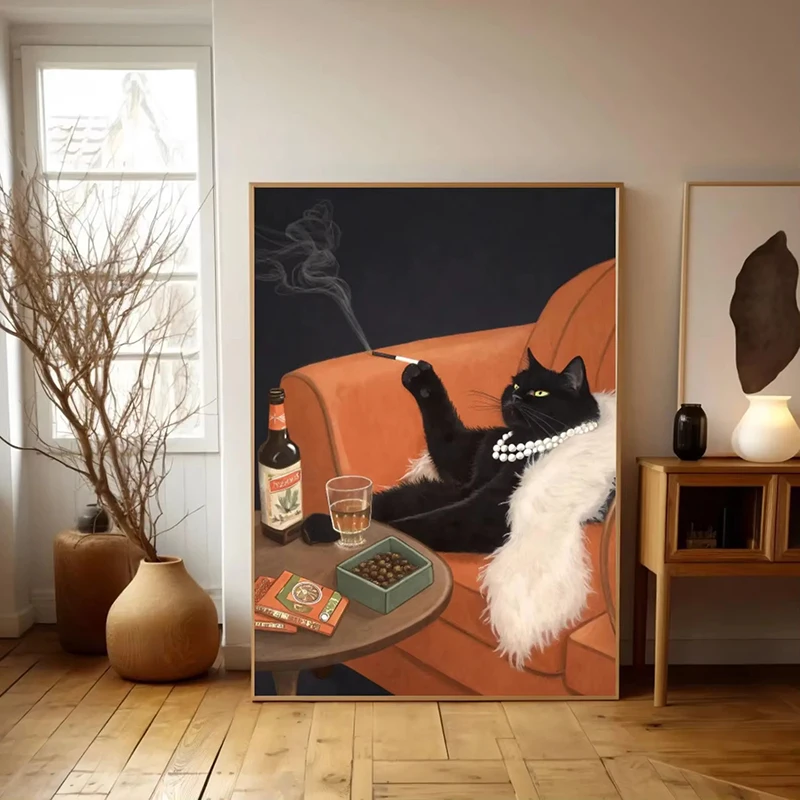 Schwarze Katze raucht eine Zigarette, Poster und Drucke, Retro, skurrile, lustige Tier-Leinwand-Wandgemälde, Bar, ausgefallenes Dekor, Bild – Detail 8