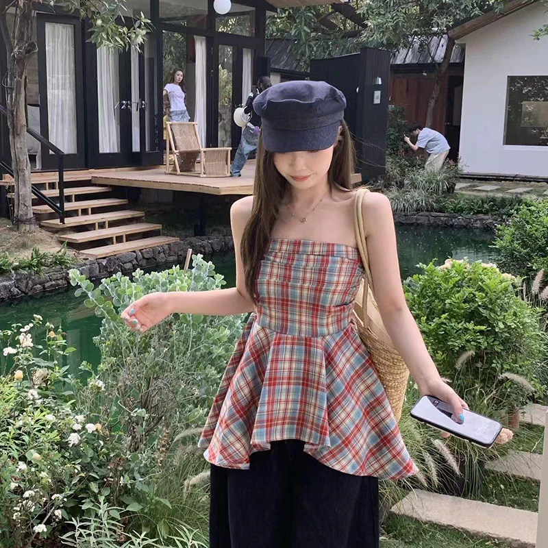 Verão coreano retro xadrez irregular sem alças sem mangas camisola fina para mulher