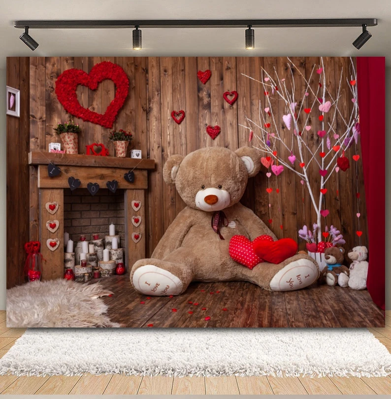 Valentine's Day Photography Backdrop Cute Toy Bear Wooden Floor Love Heart Floral Kids Birthday Portrait Decor Photo Background