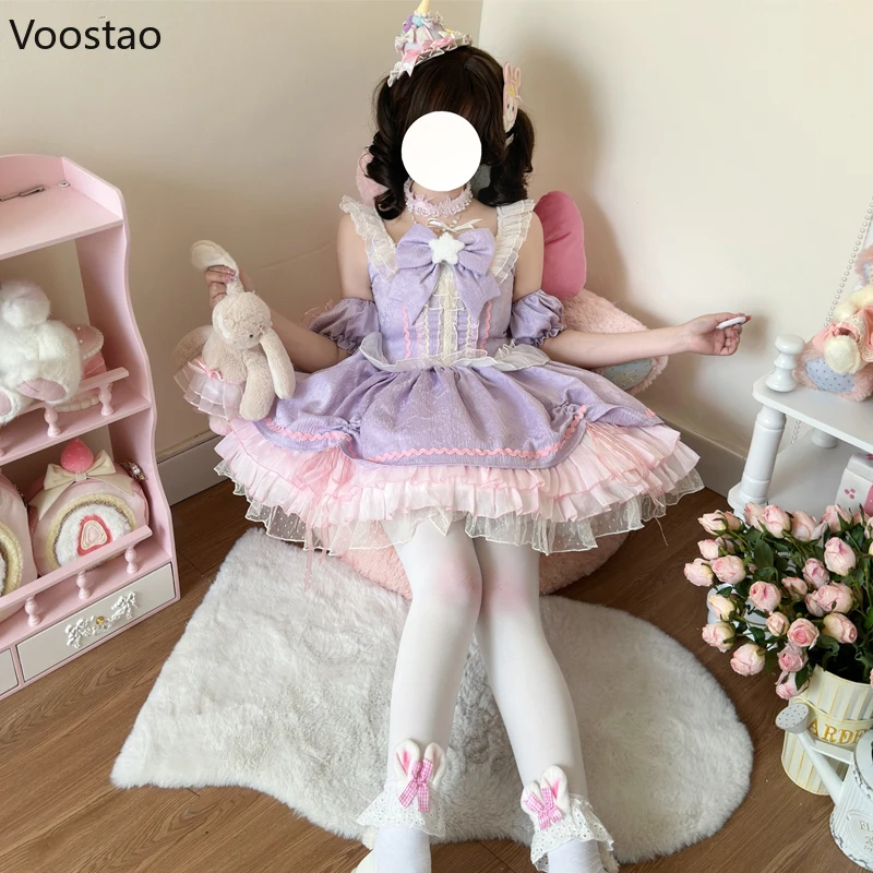 

Милое мини-платье Y2K для девочек 2026 года, японское платье JSK в стиле Sweet Lolita, женское платье Harajuku Kawaii со звездами, бантом, кружевом и оборками для вечеринок