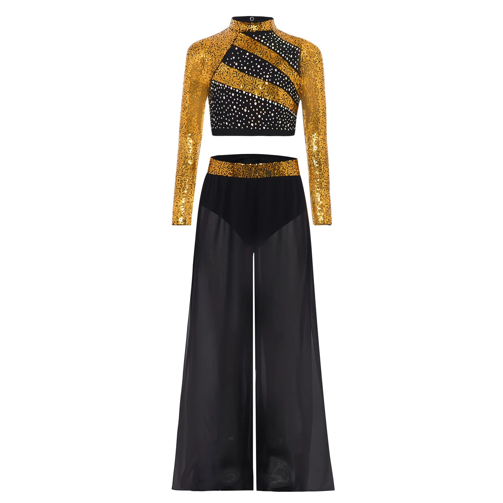 

Kids Girls Lyrical Dance Sets Modern Contemporary Dancewear Stage Costume Crop Top with Chiffon Wide-Leg Side Slit Dance Pants