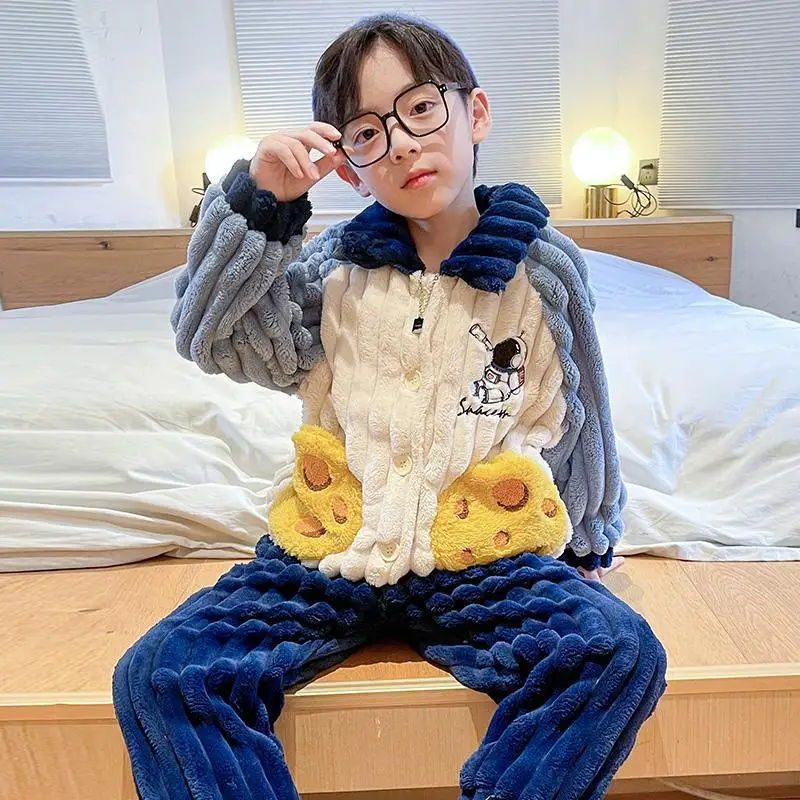 

Boys Coral Fleece Robe, Plush Long Sleeve Loungewear for Teens & Kids Wearable Sleepwear