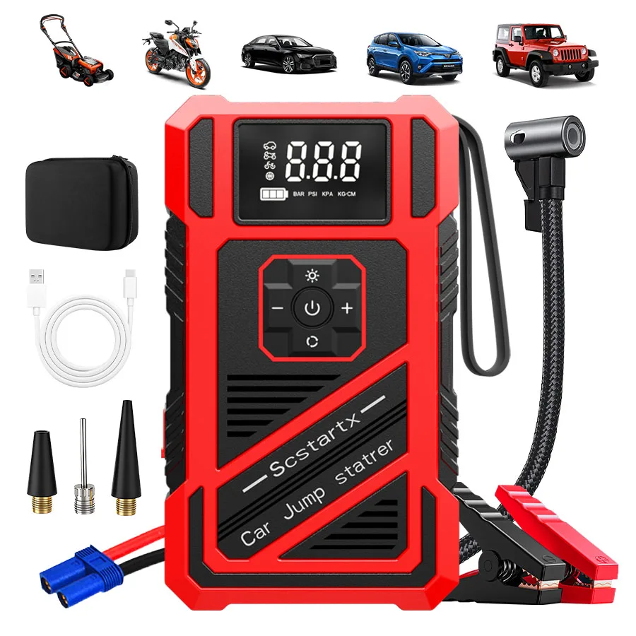 Avviatore d'Emergenza Portatile 4-in-1 con Batteria 1800*4, Compressore d'Aria 150PSI, Gonfiatore Intelligente e Pompa d'Aria
