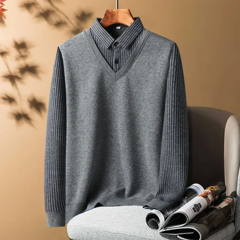 Autumn and Winter Mens Clothing Sweaters Velvet and Thickening Middle-aged Man Loose Knitting Keep Warm Two Fake Pieces Lapel