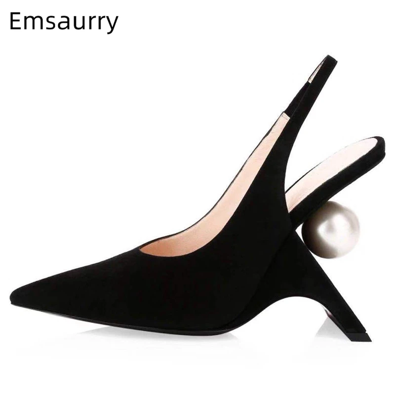 

Individual Pearl Beads Decor Fretwork Heel Women Pumps Luxury Suede Sexy Pointed Toe Slingbacks Party Shoes