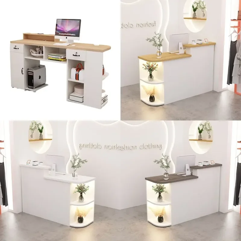 Modern Curved Reception Desk with LED Light for Nail Salon Bar Shop Compact Checkout Counter Easy Assembly