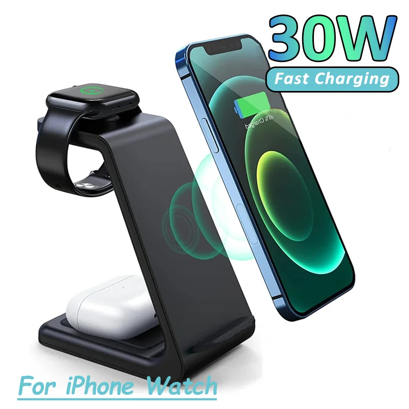 30W 3 In 1 Wireless Charger Stand For iPhone 14 13 12 11 XS XR X  Fast Charging Dock Station for Apple Watch 8 7 Airpods Pro