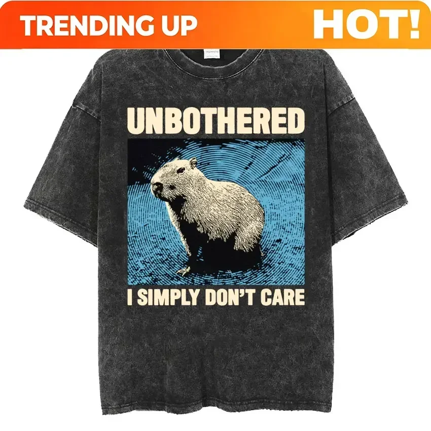 Customization Amare Box No Thoughts Head Empty Japanese T-shirt Funny Capybara Vintage Washed T Shirt Men Women Casual Loose Sho
