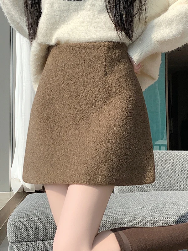 

Бархатная юбка трапециевидной формы с высокой талией Thiened Lamb, женская осенне-зимняя новая тонкая прямая шерстяная юбка Thiened