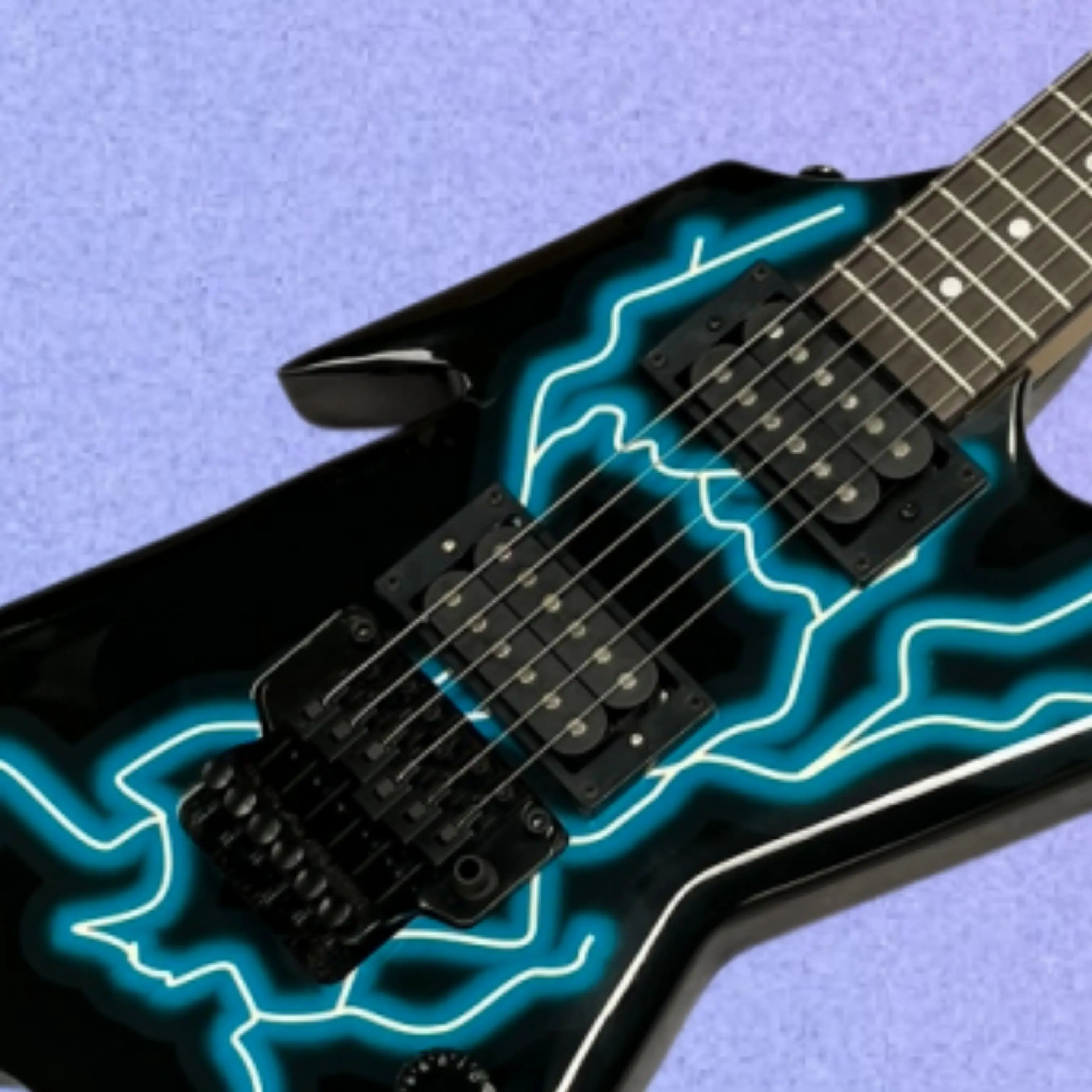 Black Electric Guitar With Blue Lightning Paint, Hh Pickups, Multi‑Knob Volume Control Guitars, Personality And Stylish Guitarra