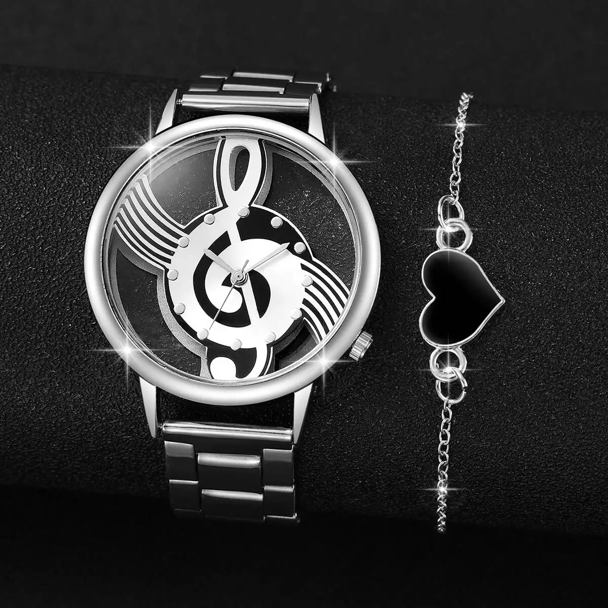 2/4 قطعة موضة الجوف التدريجي الهاتفي النساء الساعات سبائك الفضة الفرقة ساعة كوارتز القلب أساور مجموعة Reloj Mujer (بدون صندوق)