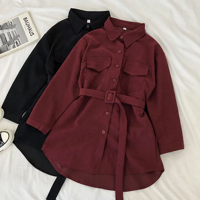 

Corduroy Long Sleeve Dress Women Autumn Solid Buttons Pockets Turn-down Collar Elegant Sashes All-match Woman Vintage Harajuku