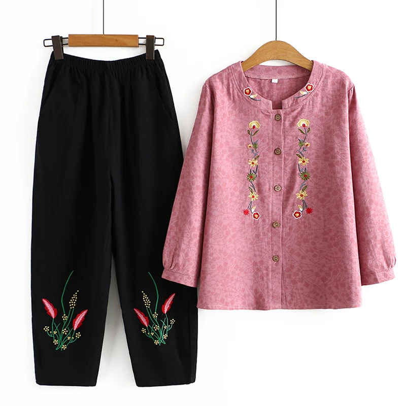 

Mother Sets Spring Autumn Embroidery Cardigan Shirt +Black Pants Two Pieces Suit Elderly Grandma Blouse Blusa Tang Clothes 2PCS