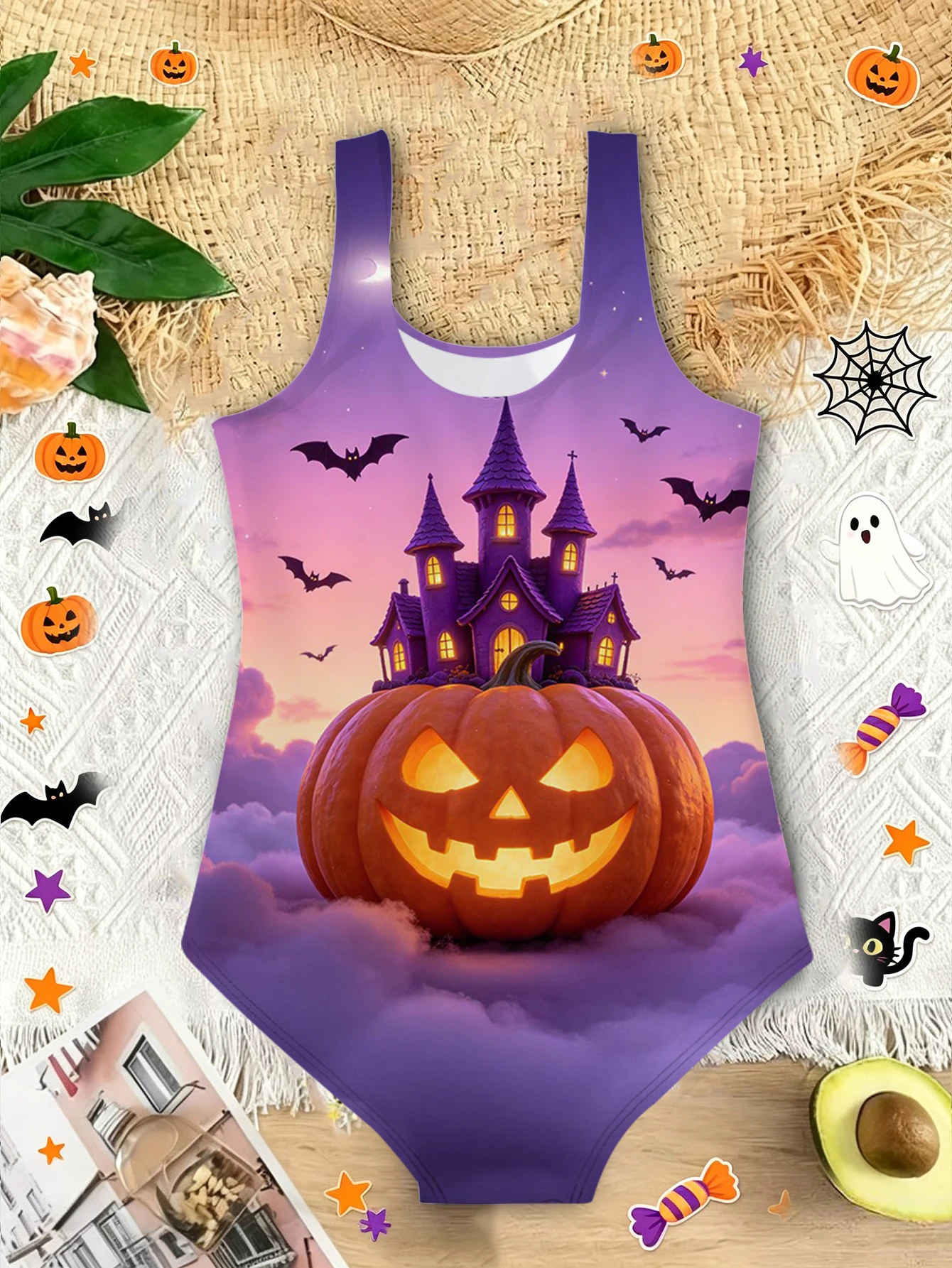 Girls' Summer Halloween Grand Pumpkin Castle Fashionable Tight One-piece Swimsuit 5
