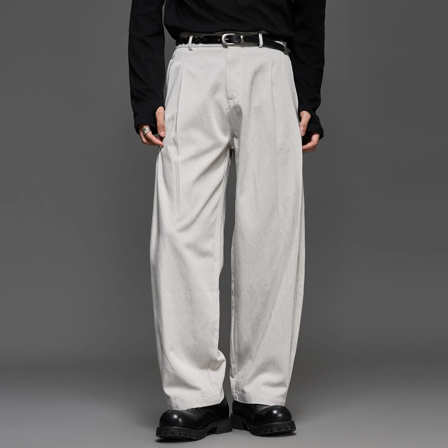 High Quality Lyocell Cotton Japanese Style Greige Minimalist Retro Loose Men's Machete All-Match Commute Straight-Leg Pants