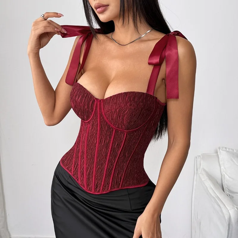 Hottie Red Sexy Fishbone Underwire Padded Bralette Valentine's Day Women Sexy Bow Tie Grommet Lace Adjustable Slim Croset Camis