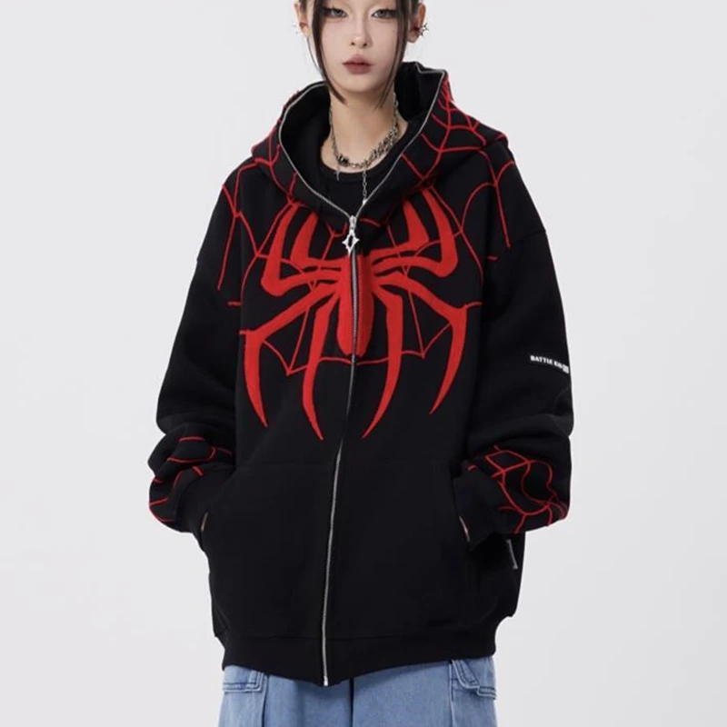 Funny Cartoon Web Spider Printed Zip Up Hoodie Hip Hop Mens Teenage Sweatshirt Coats Loose Oversized Kawaii Clothes Harajuku Top