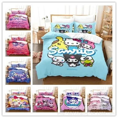 

MINISO Digital Printing HelloKitt Pudding Dog Cartoon Style Quilt Cover Bedding Three-piece Set Two-dimensional Home Furnishing