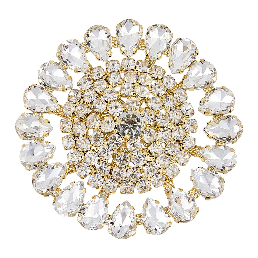 Round Rhinestone Applique 3.23inch in Diameter White Retro Applique with Light Gold Brass Base Sew On Floral Rhinestone Patch