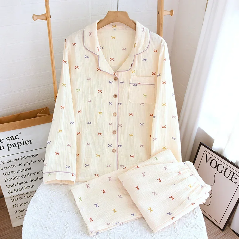 

Women's Sleepwear Clothes Cotton Printed Spring and Autumn Long Sleeved Long Trousers Loose and Thin Home Pyjamas Suit