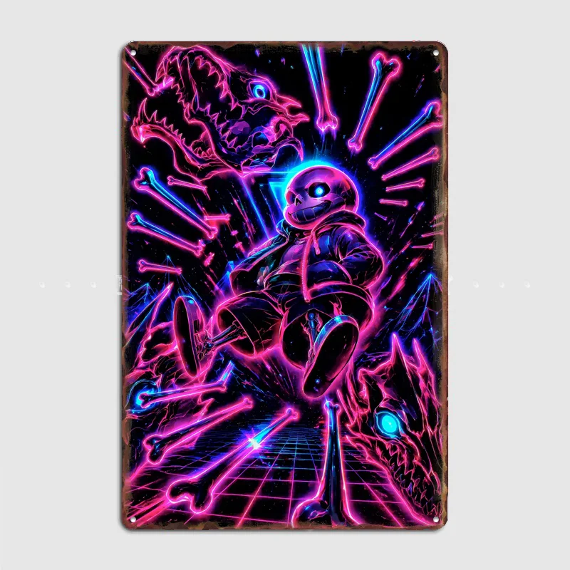 Sans Undertale Neon Cyberpunk Art Poster Metal Tin Sign Indoor Outdoor Home Decor Bar Custom Posters Wall Room Decorations