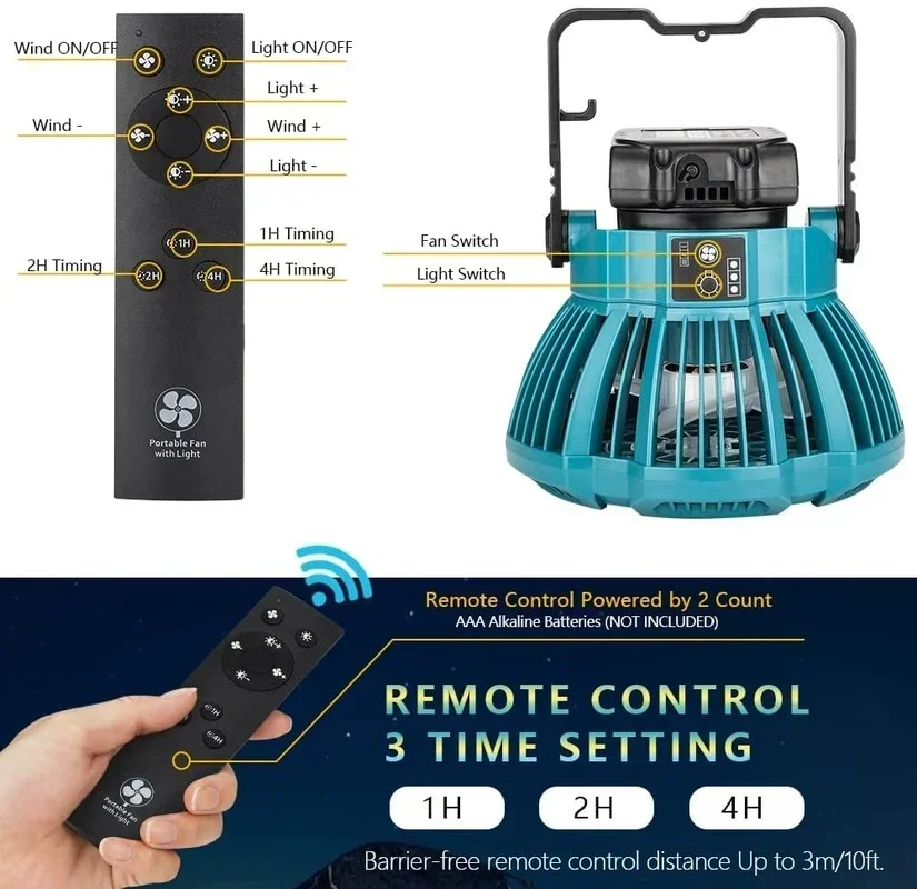 ZWINCKY مروحة سقف بطارية خارجية مناسبة لبطارية ليثيوم ماكيتا/ديوالت/بوش/ميلووكي/بلاك اند ديكر 14.4-18 فولت مع ضوء