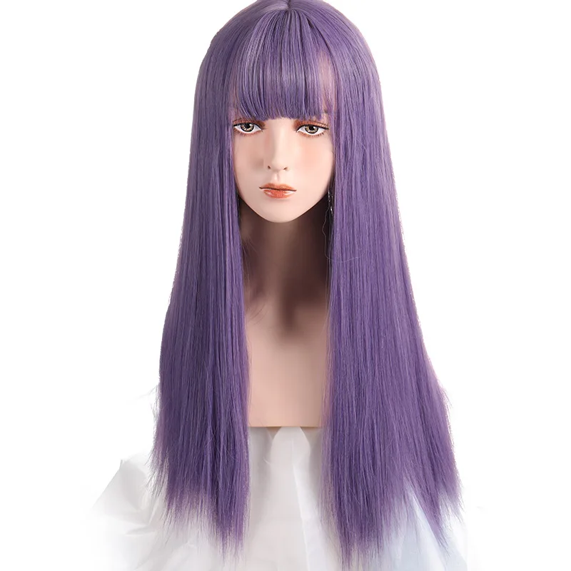 Women’s Heat Resistant Long Straight Purple Wig With Bang Synthetic Fiber for Lolita Cosplay Halloween Christmas & Casual Glam