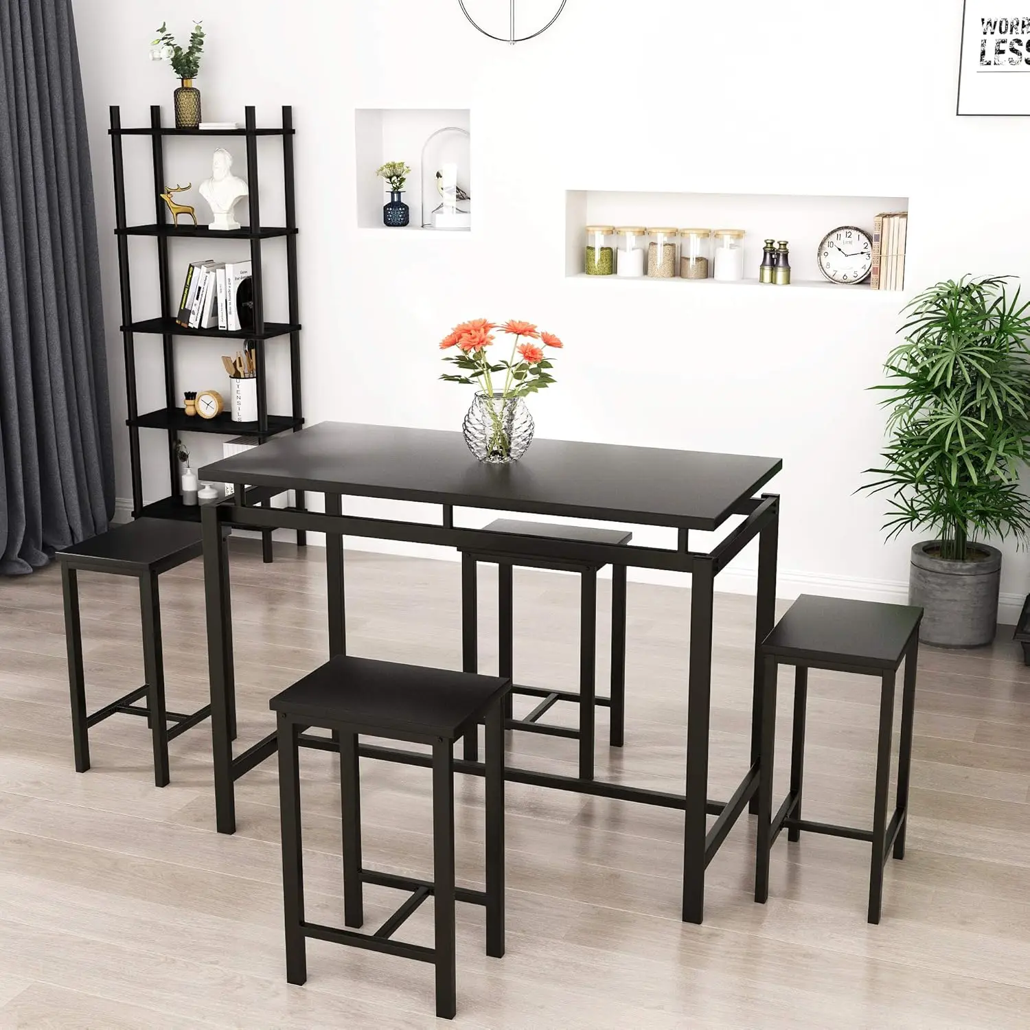 5 PCS Dining Table Set, Modern Kitchen Table and Chairs for 4, Wood Pub Bar Table Set Perfect for Breakfast Nook