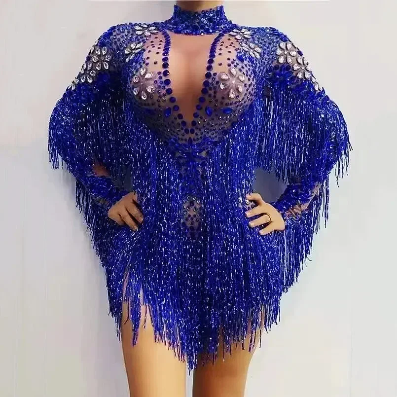 Blue Red Rhinestones Transparent Fringe Sleeve Bodysuit Nightclub Bar Dancer Team Singer Sexy Party Birthday Stage Rave Wear