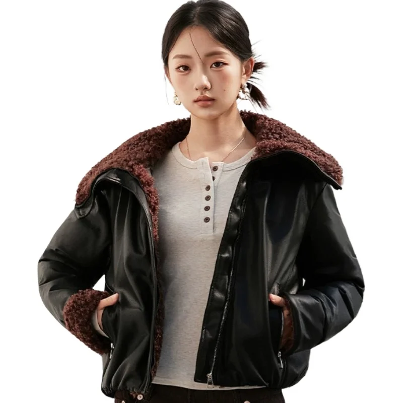 Cross-border New Retro Loose Cotton-padded Clothes Women' Curly Lapel Locomotive Wind Jacket Women's Winter Short Cotton Clothes
