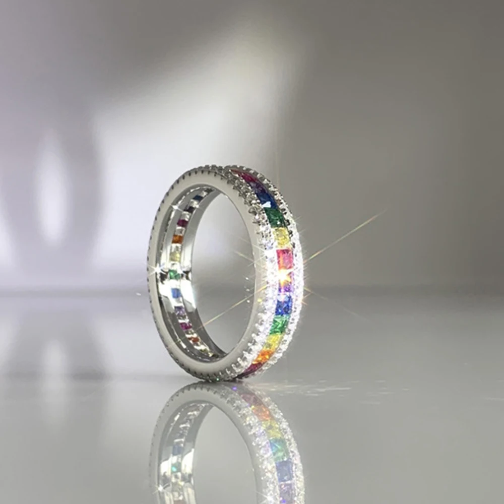 WPB S925 Sterling Silver Rings Rainbow Ring Color Women Luxury Jewelry Personalized Bright Zircon Design Girl Gift Party