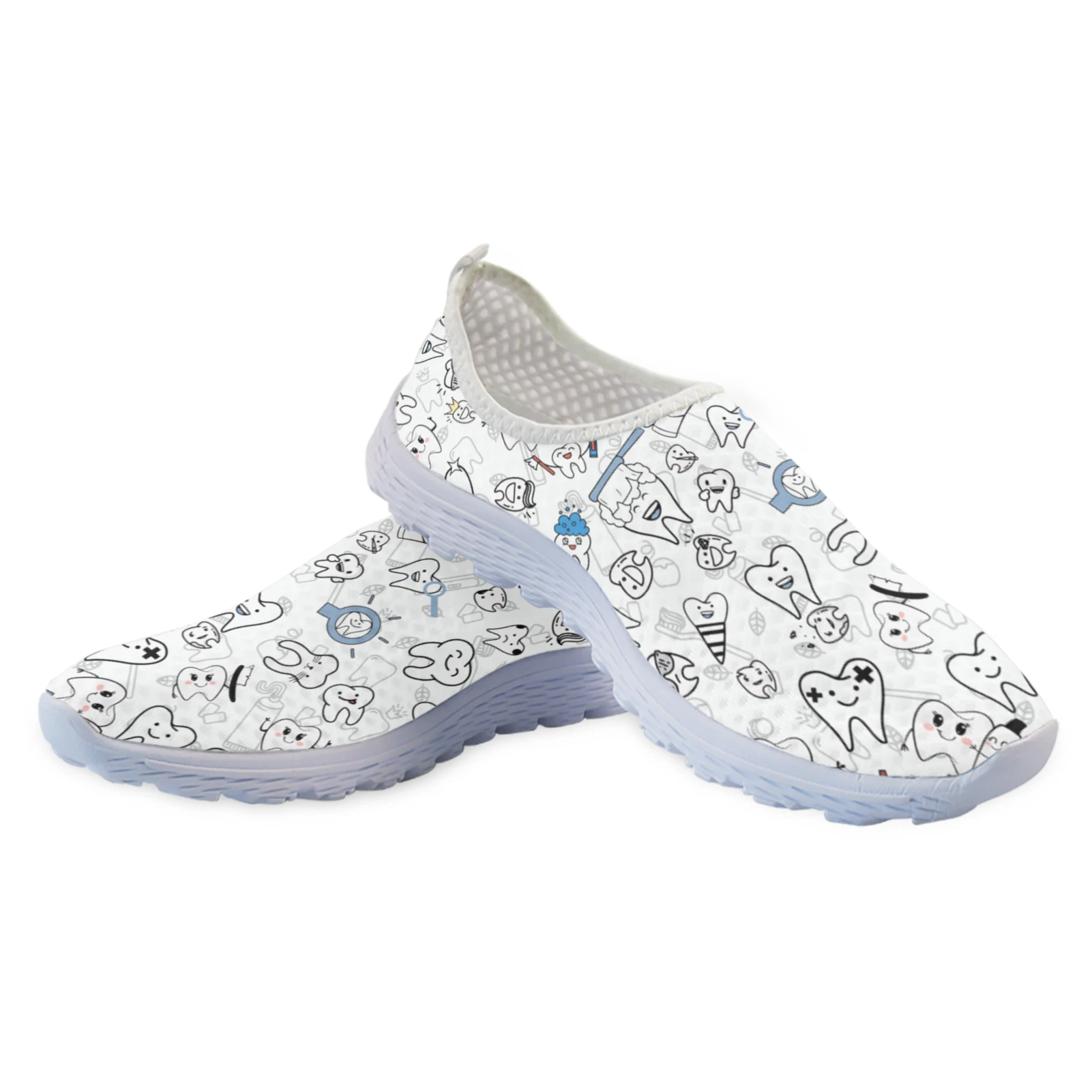 White Cartoon Tooth Design Mesh Shoes para mulheres, respirável, confortável, Flat Walking, Running, Fashion