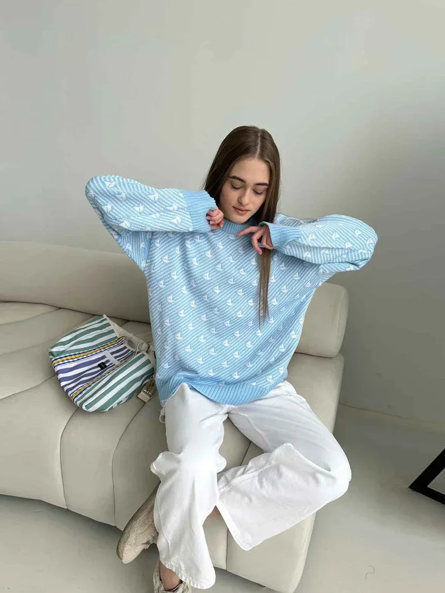 

2025 New Chic Print Knitted Pullover Women's Fashionable Casual Loose Top Autumn Winter Thick Warm Comfortable Oversized Sweater