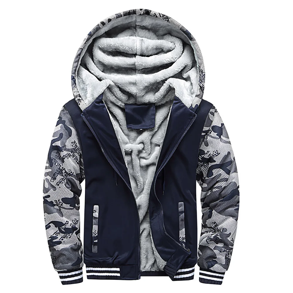 

European Size New Plus Velvet Padded Camouflage Sweatshirt Men Hooded Slim Hoodies Sportswear Warm Coat Jacket Clothes