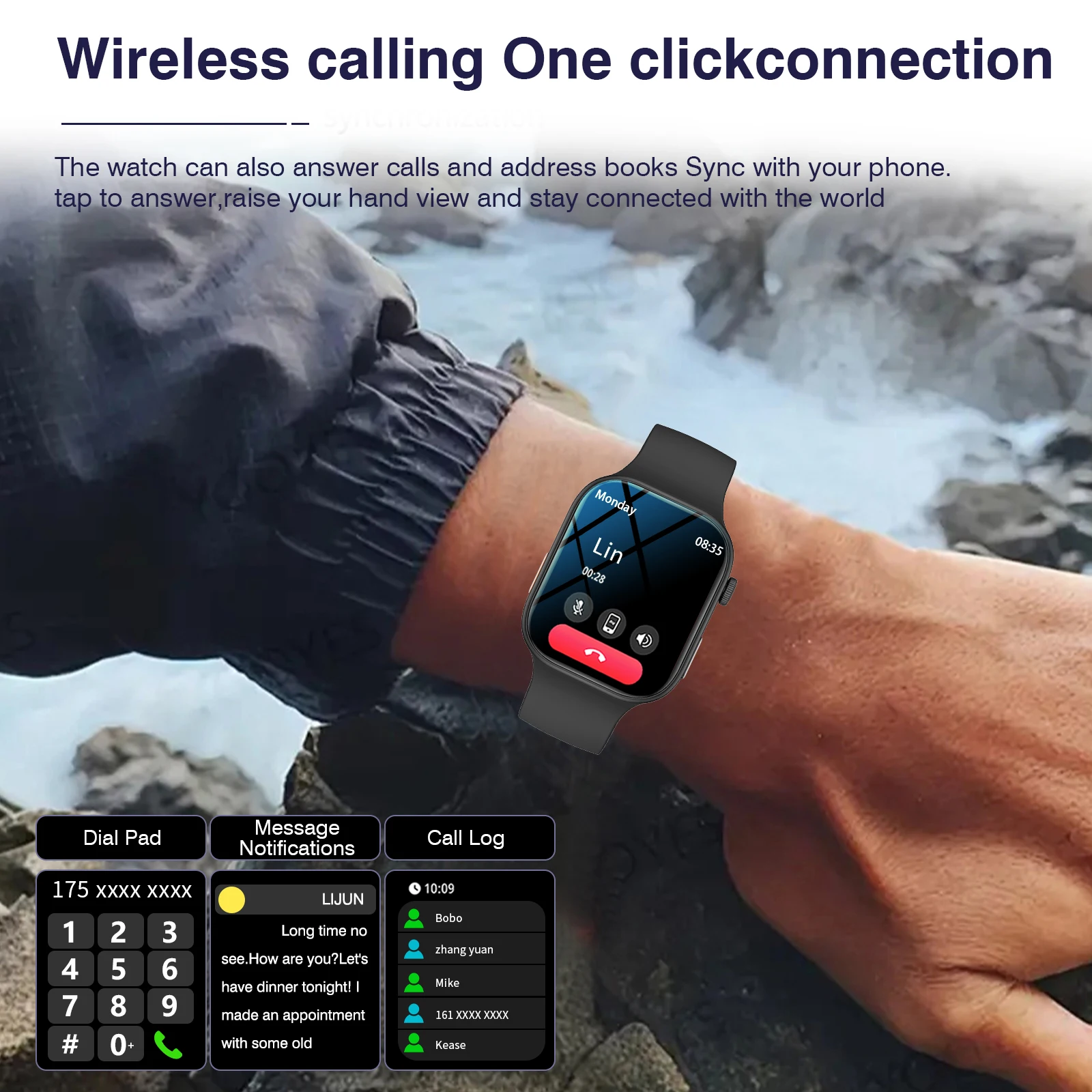 Smartwatch mit 2,2-Zoll-HD-Display – kabelloses Anrufen/Bählen, Alarm-/Nachrichtenbenachrichtigungen, Fitness-Tracking, Musiksteuerung.