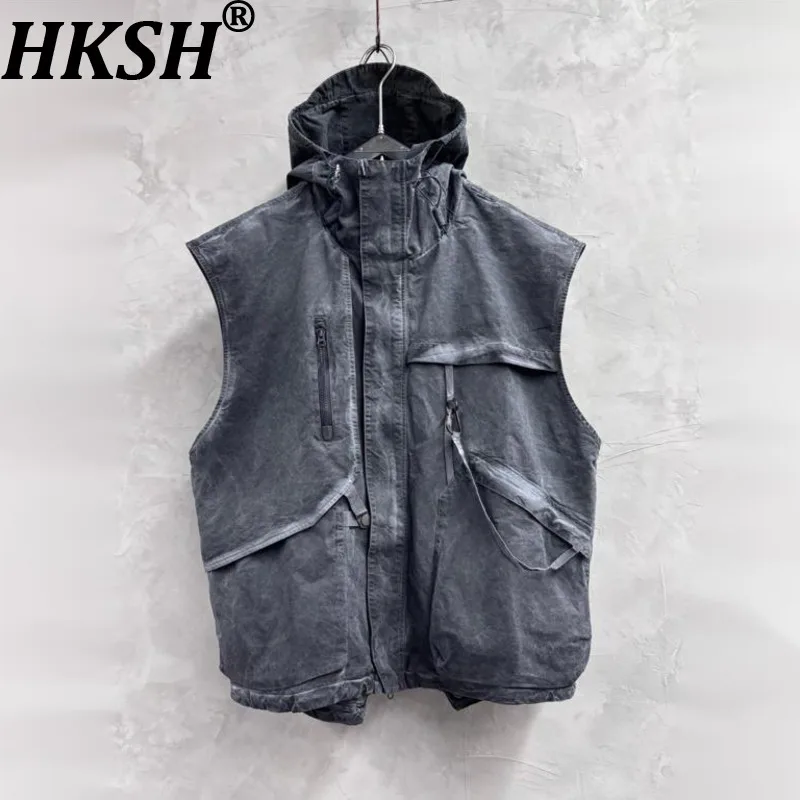 HKSH Spring Autumn New Men Tide Chic Ins Waste Land Style Vintage Washed Asymmetrical Cut Jacket Trendy Hooded Waistcoat HK28121