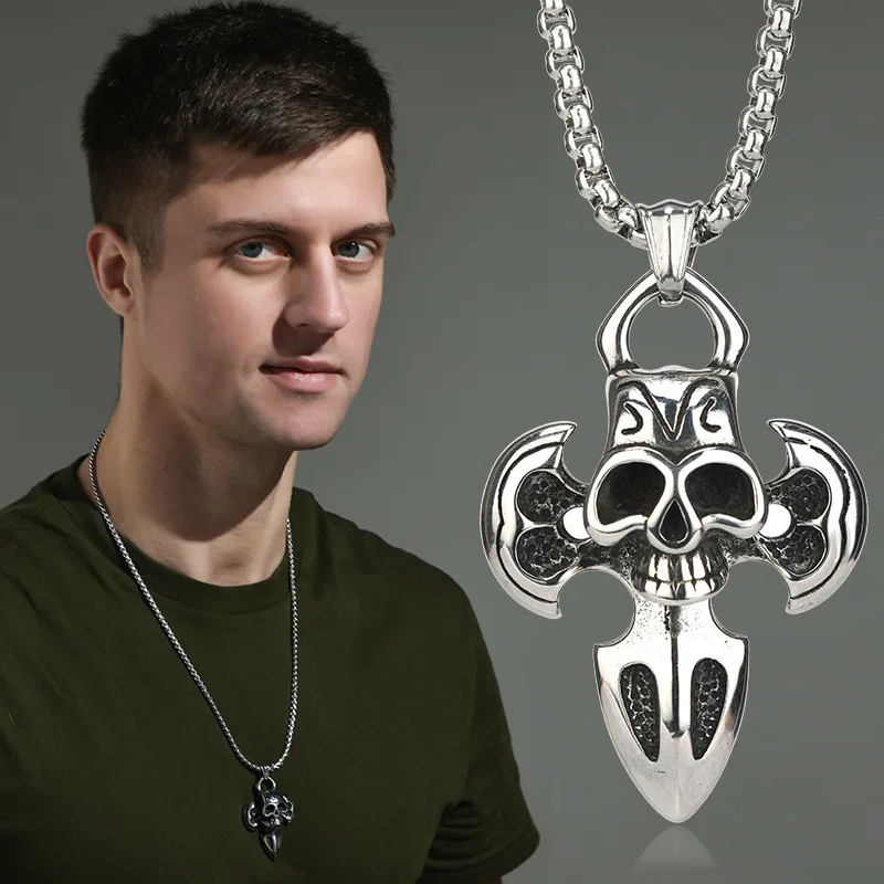 レトロなスカルクロスチタンスチールネックレス、トレンディなストリートダンスカップルアクセサリー、クラシックでファッショナブル