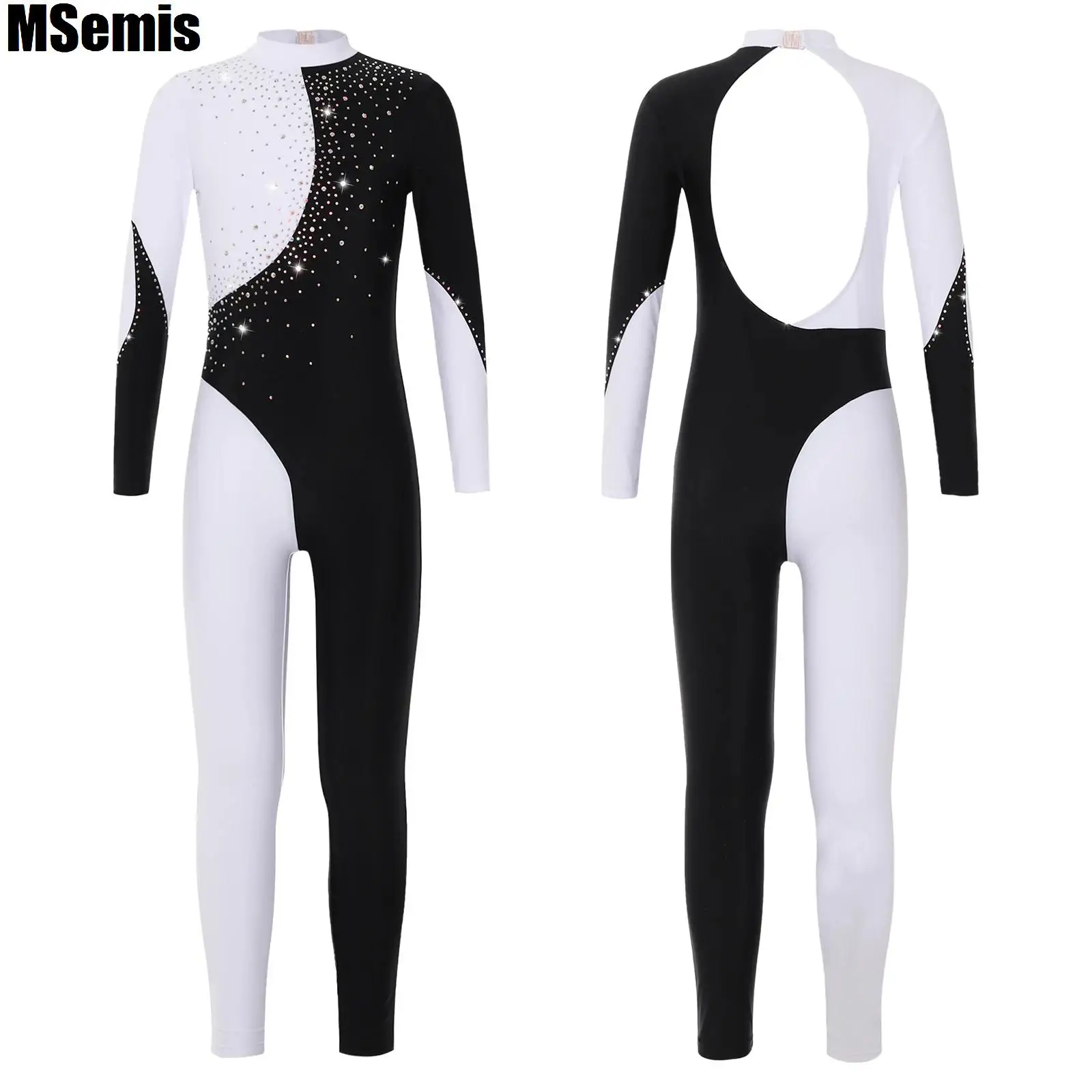 Kids Girls Contrast Color Backless Dance Leotard Shiny Rhinestone Decorated Long Sleeve Round Collar Gymnastic Jumpsuit