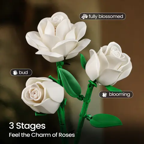 Vita rosor bukett byggset klossblomma konstgjord botanisk tegelstensamling heminredning bröllop alla hjärtans dag present för vuxna 10 best sales bukett tegelsten - №7