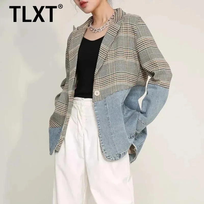 

TLXT Women's Blue Plaid Denim Big Size Blazer New Lapel Long Sleeve Loose Fit Jacket Fashion Autumn 2025 Coat Female XK1399