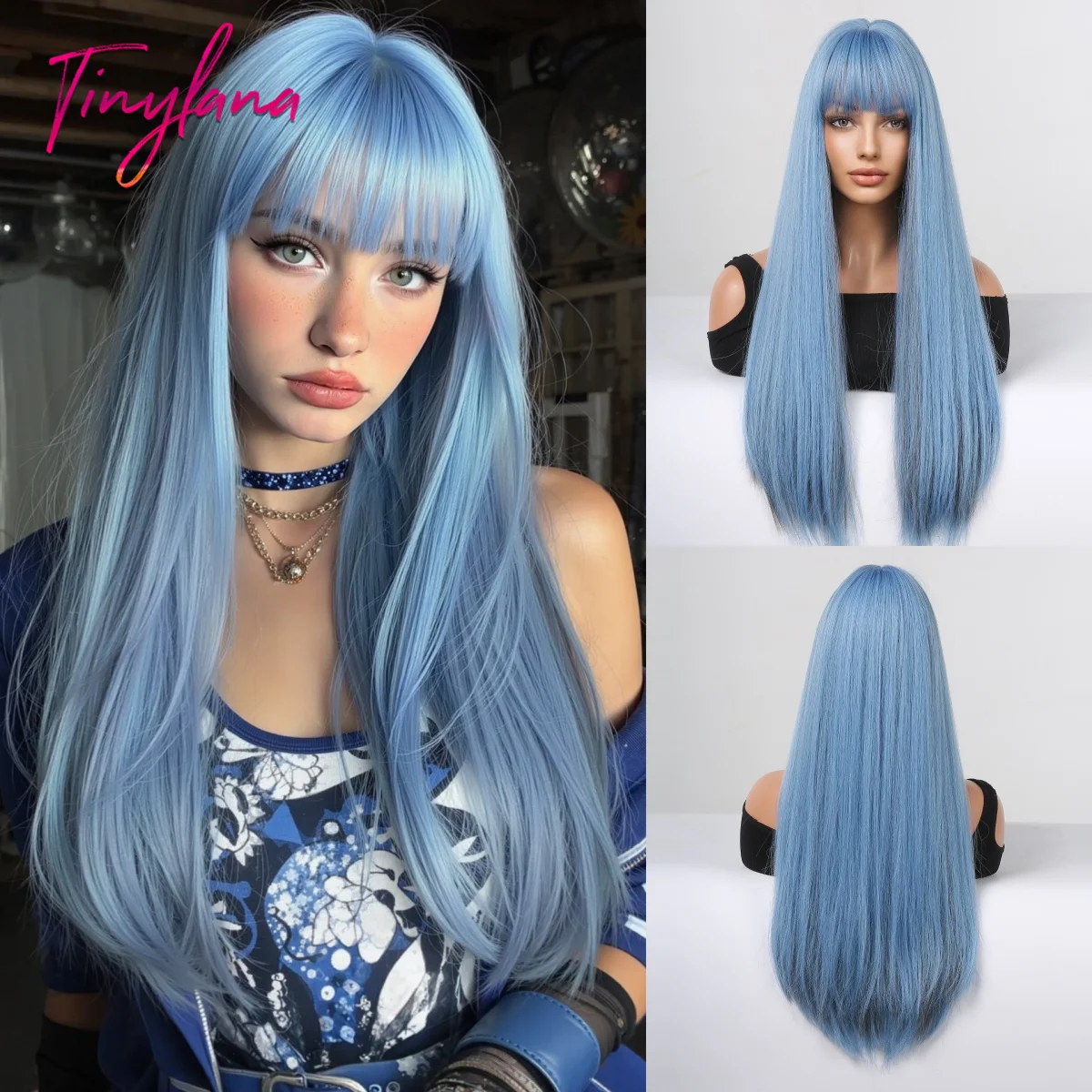 Long Sky Blue Straight Synthetic Wigs for Women with Bangs Blue Cosplay Halloween Daily Party Natural Fake Hairs Heat Resistant