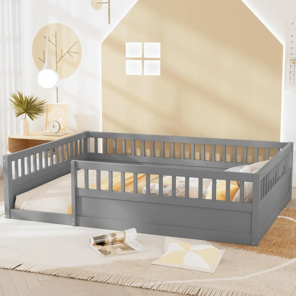 

Wanttii Full Size Toddler Floor Bed with Safety Fence, Montessori Bed with Sturdy Soild Wood Slats Guardrails for Children Bedro