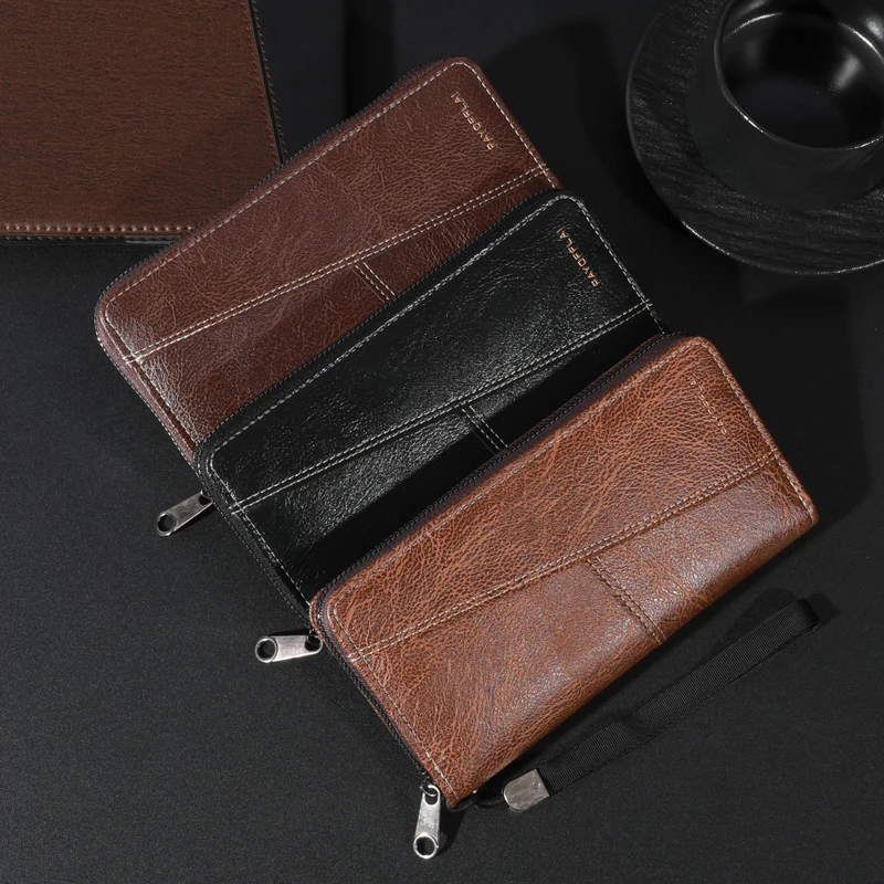 Men\'s Leather Zipper Handbag Large Capacity Long Wallet Clutch Bag Phone Bag Multi-card Card Holder Coin Purse Wallet