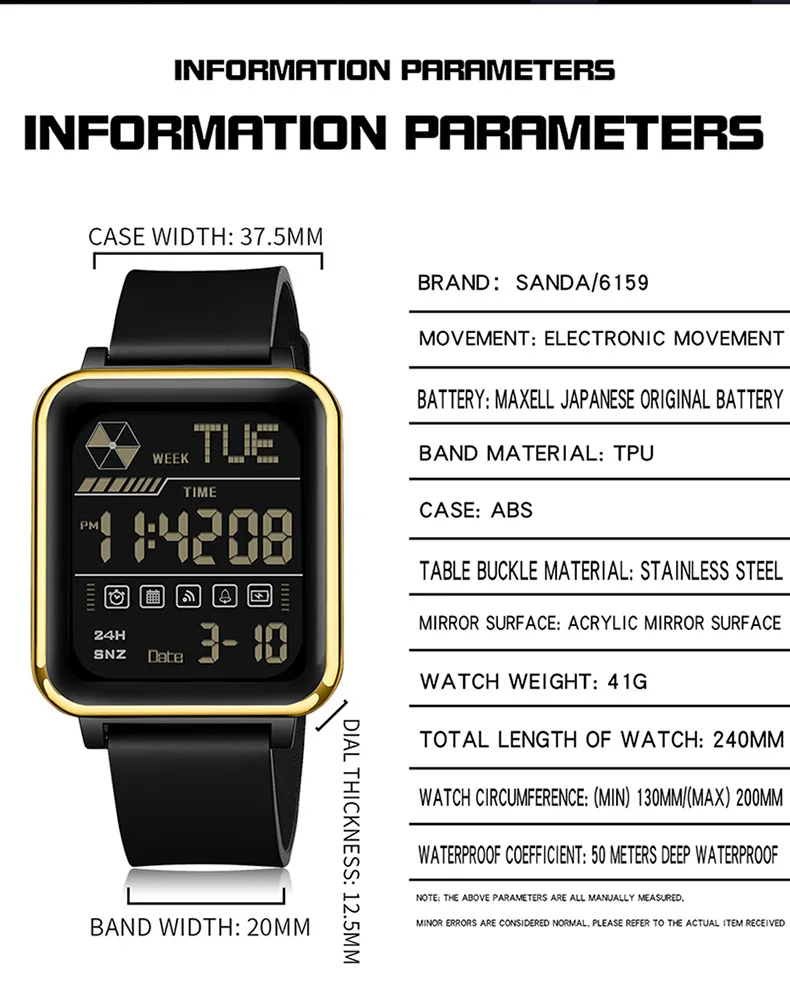SANDA 6159 ساعة إلكترونية للرجال 50 متر مقاومة للماء رياضية كرونوغراف ساعة تنبيه طالب ساعة كوارتز ضوء الليل متعدد الوظائف