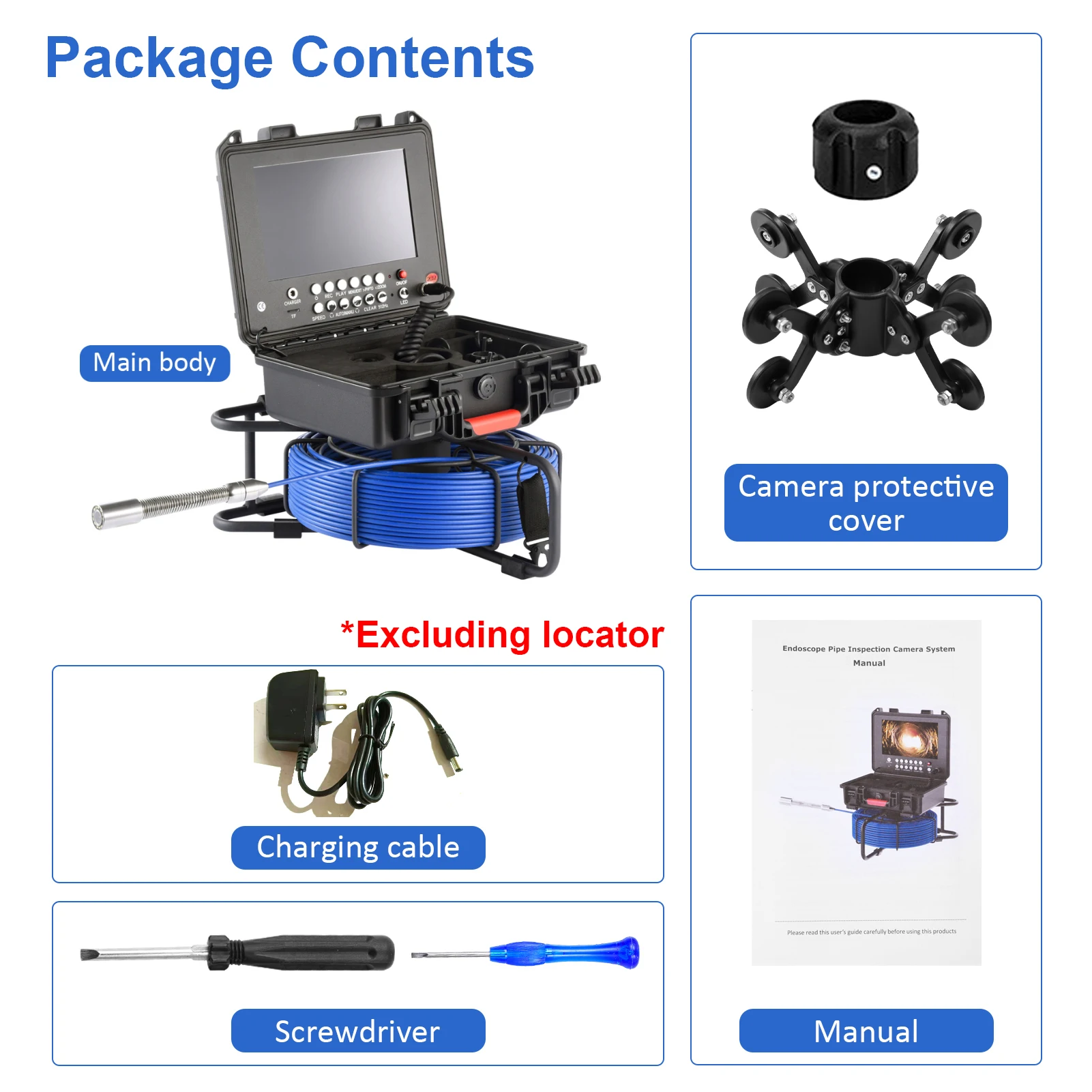 Sewer Inspection Camera 7in Screen Auto Leveling Sewer Camera with 512Hz Transmitter Waterproof Endoscope with Light 16GB Card