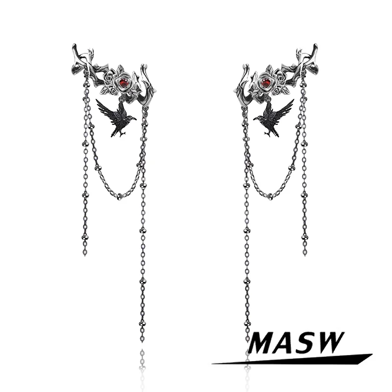 

MASW Original Design Hiphop Cool Hot Girl Style Red Crystal Black Bird Tassle Clip Earrings For Women Party Gift Modern Jewelry