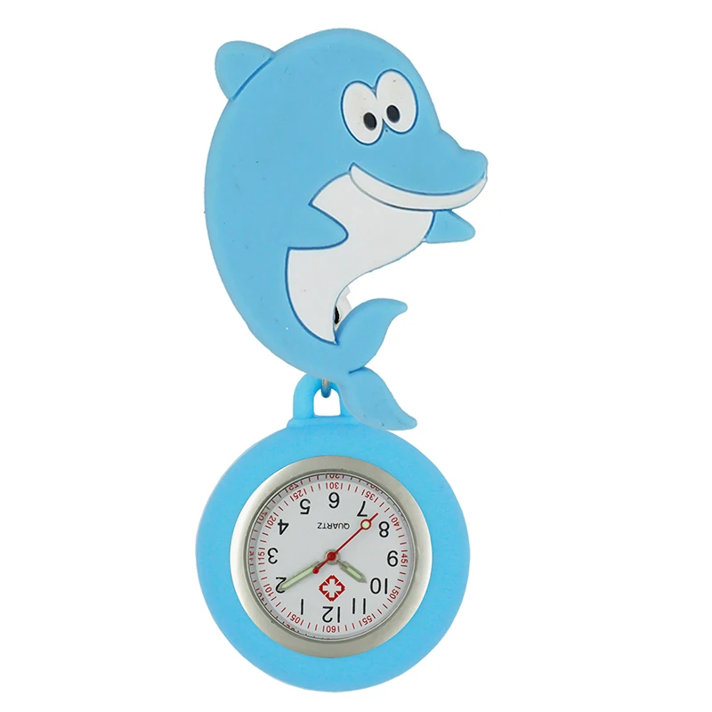 YiJia Lovely Dolphin Cartoon Puppy Retractable Badge Reel Pocket Watches for Nurse with Rubber Protect Case